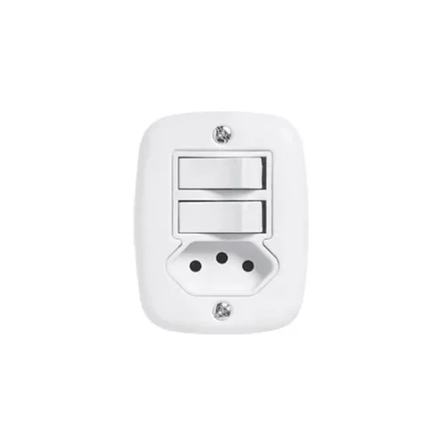 Interruptor 2 teclas simples + tomada 10A sobreplus Pluzie